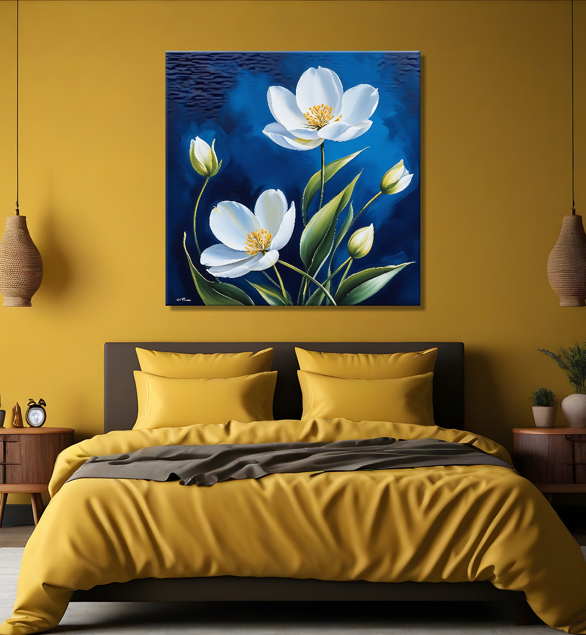 White flowers in navy blue textured painting - Flower-S-222