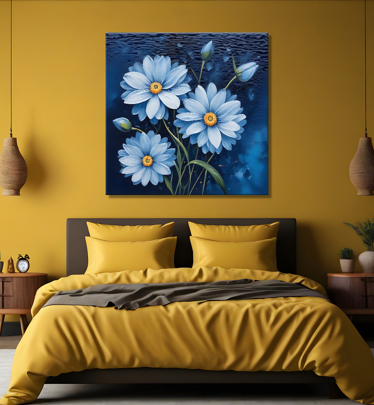 White flowers in navy blue textured painting - Flower-S-224