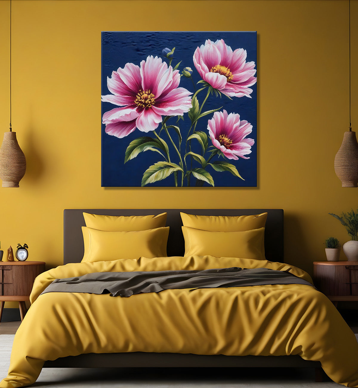 Pink flowers in navy blue textured painting - Flower-S-225