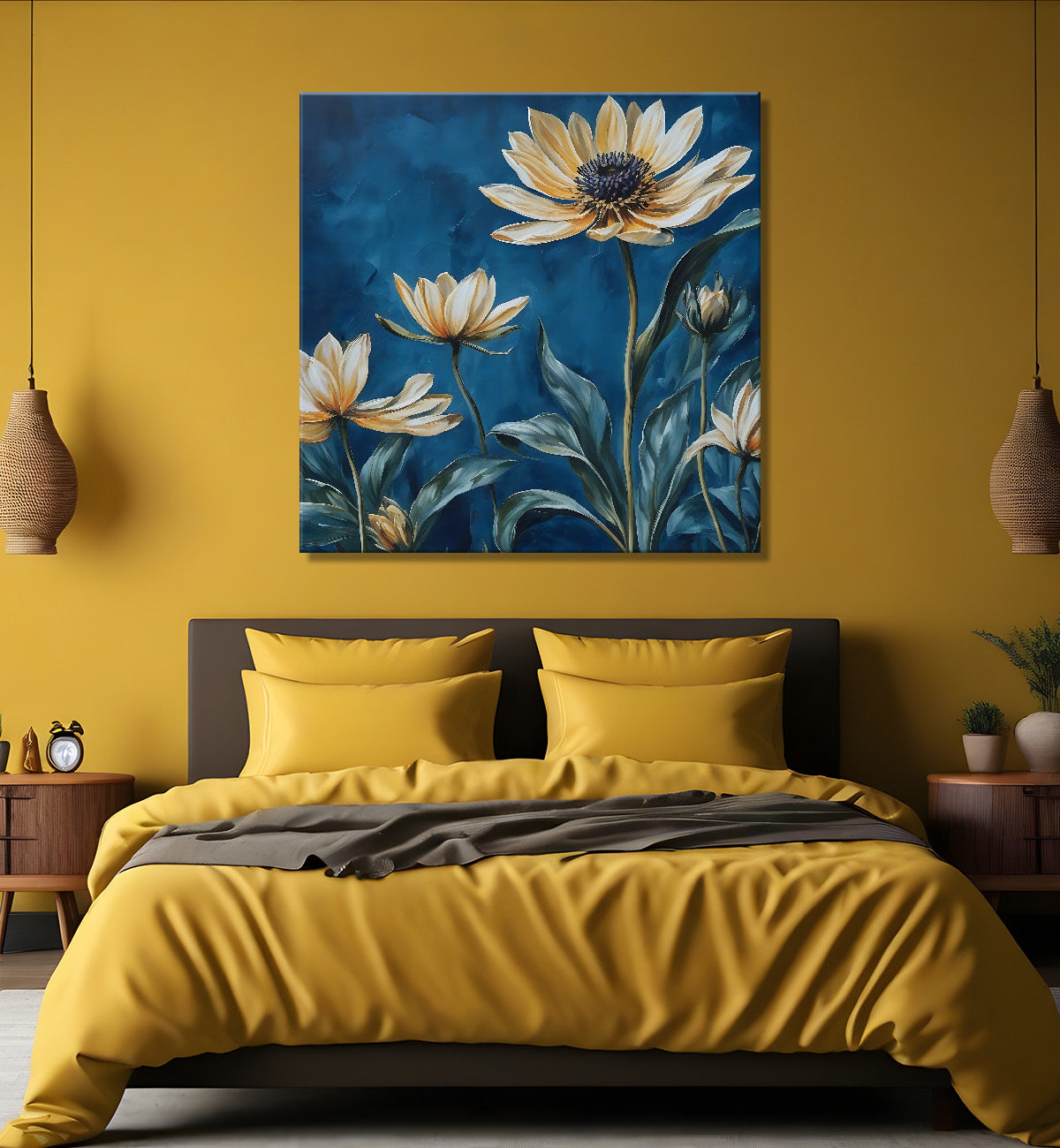 Yellow flowers in navy blue textured painting - Flower-S-226