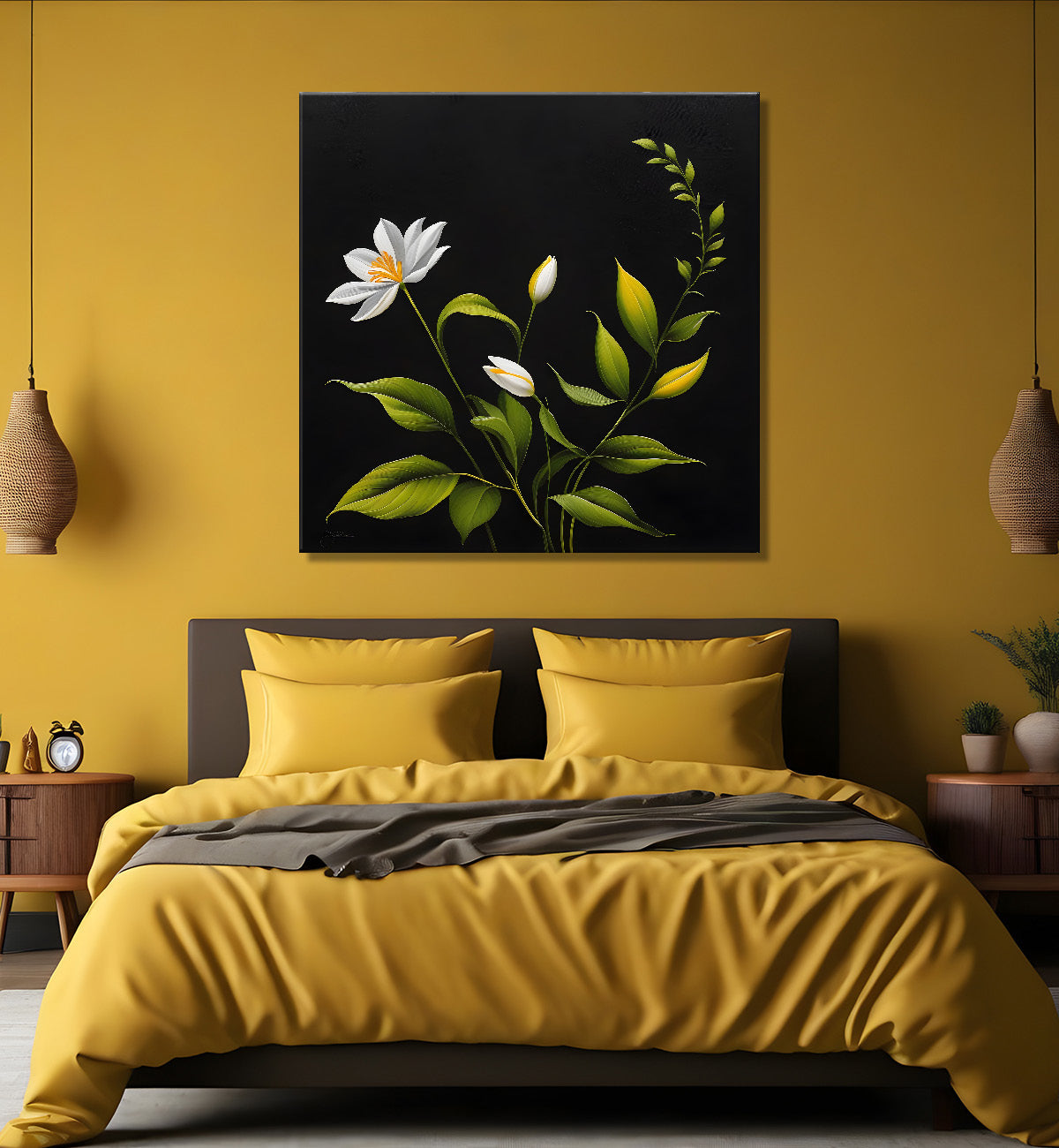 White flowers in black background painting - Flower-S-264