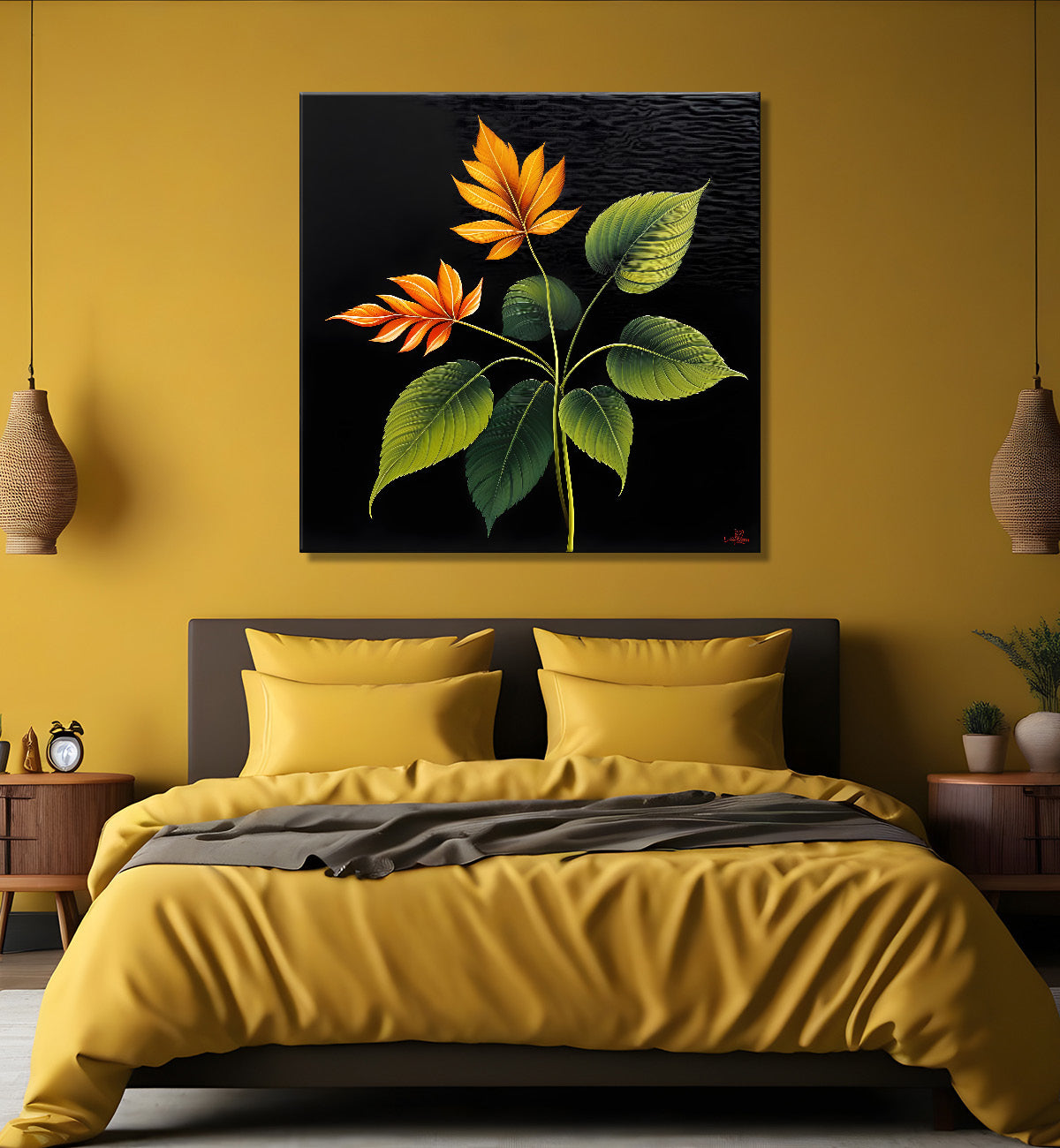 Yellow flowers in black background painting - Flower-S-266
