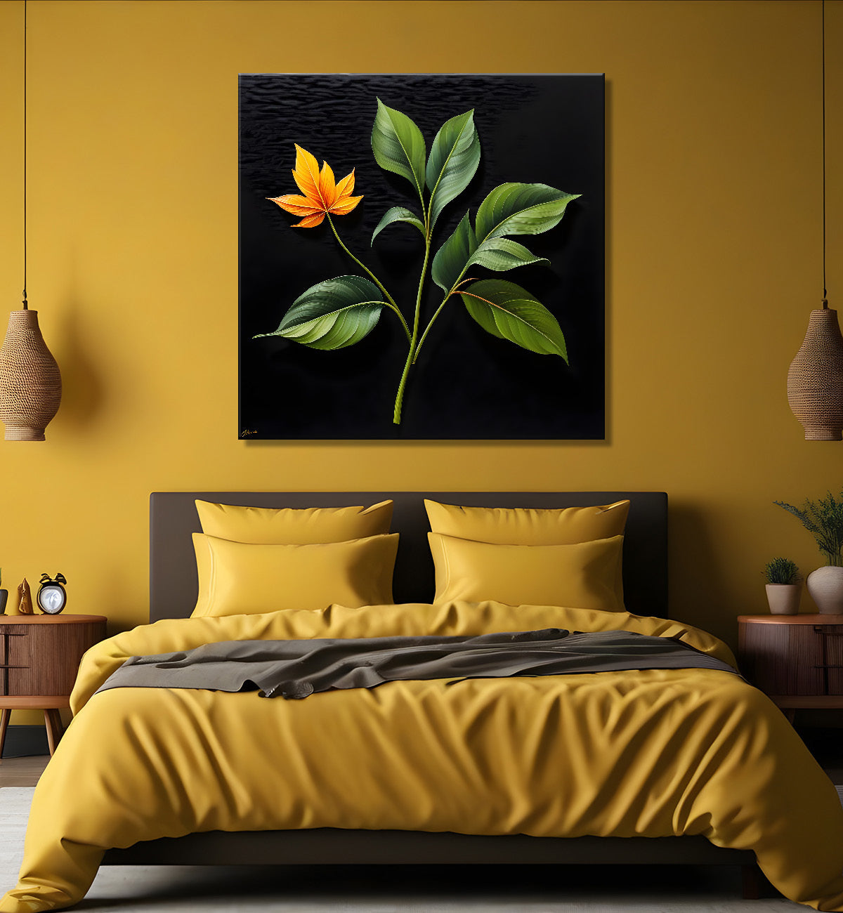 Yellow leaf in black background painting - Flower-S-274