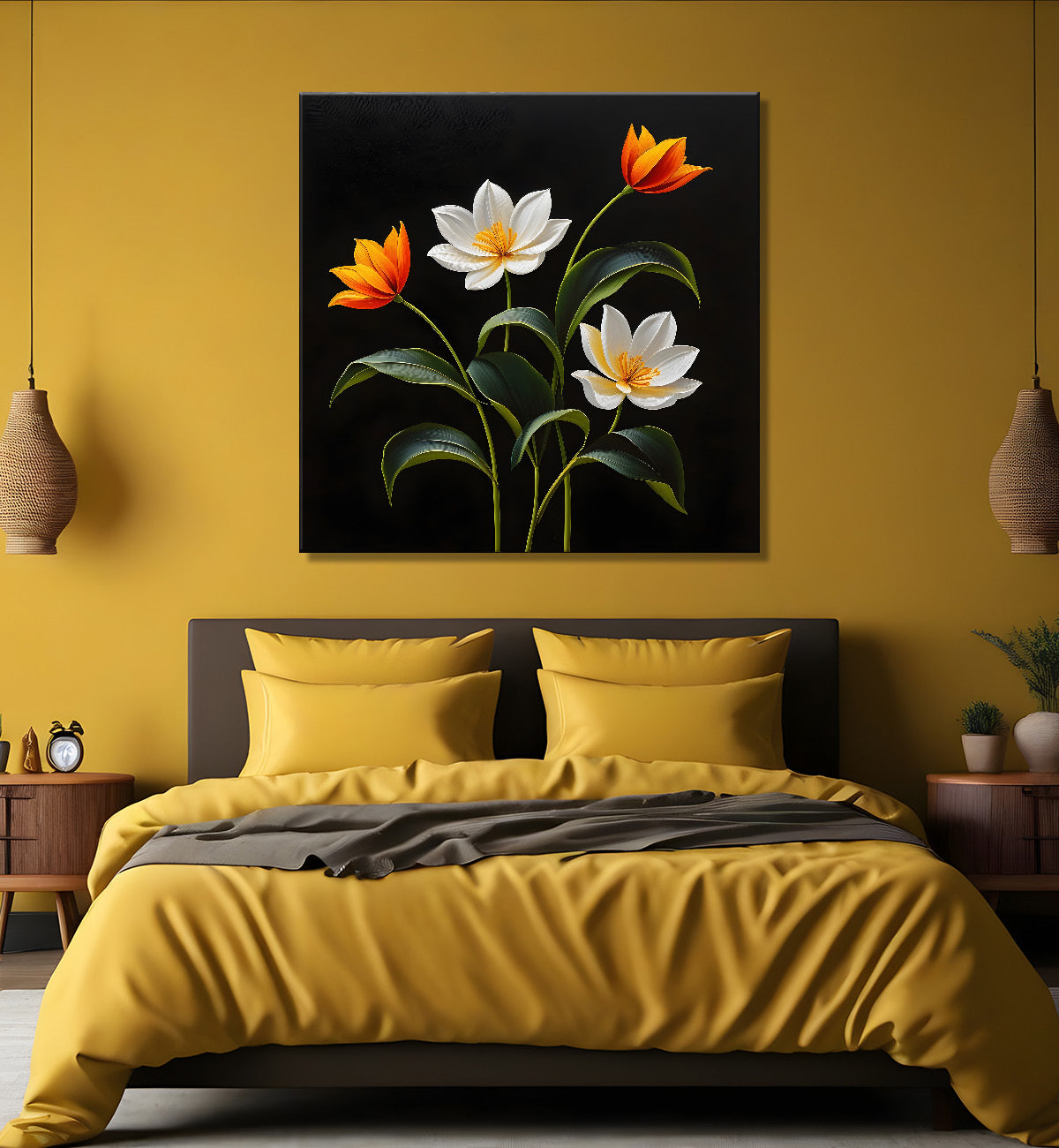 White and orange flowers in black background painting - Flower-S-275