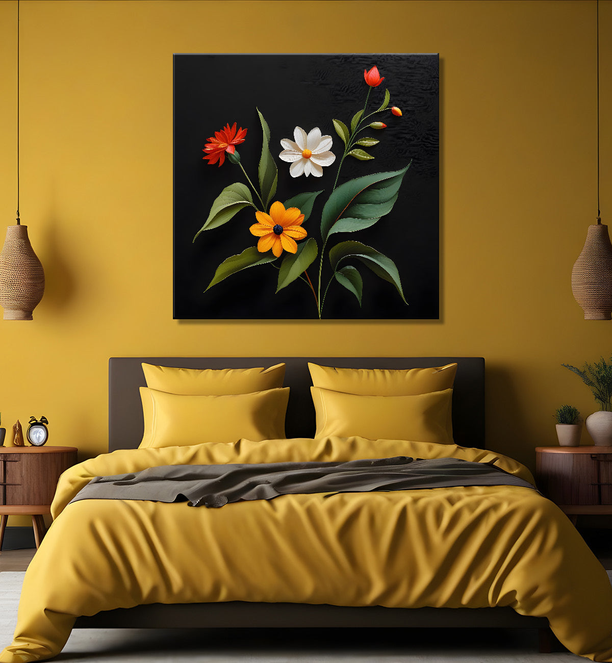 Colourful flowers in black background painting - Flower-S-277