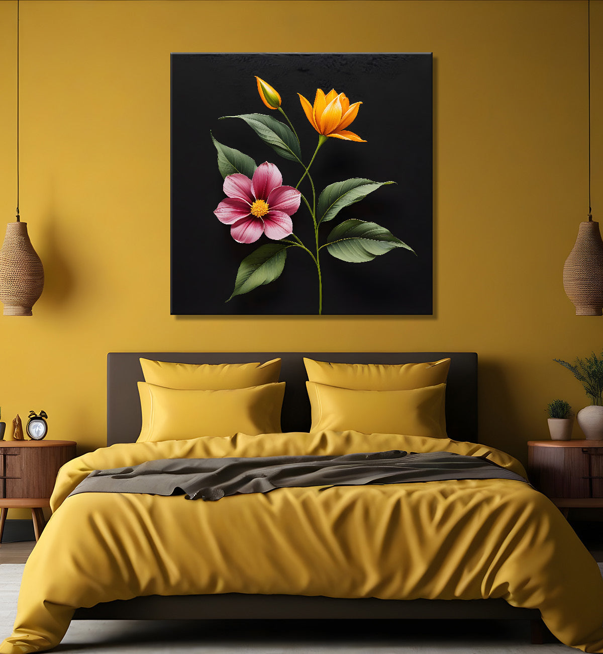Colourful flowers in black background painting - Flower-S-278