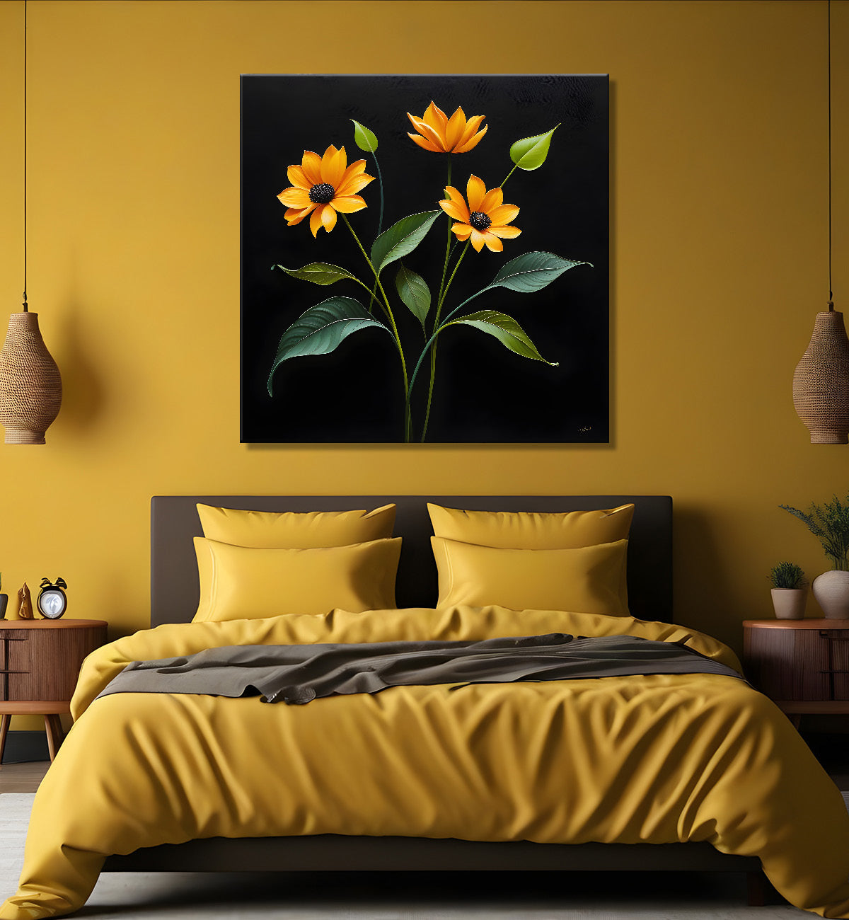 Yellow flowers in black background painting - Flower-S-279