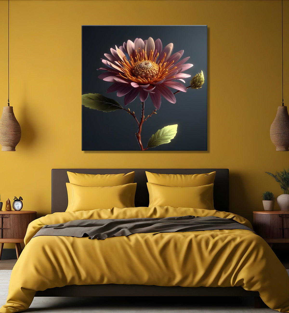 Pink flowers in grey textured painting - Flower-S-284