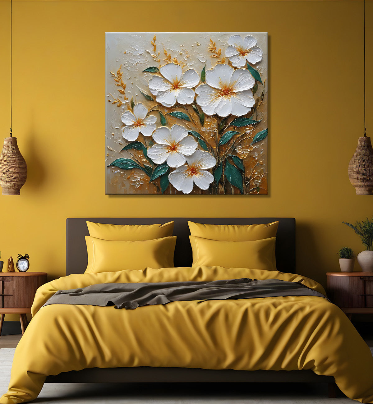 White flowers in light brown background painting - Flower-S-292