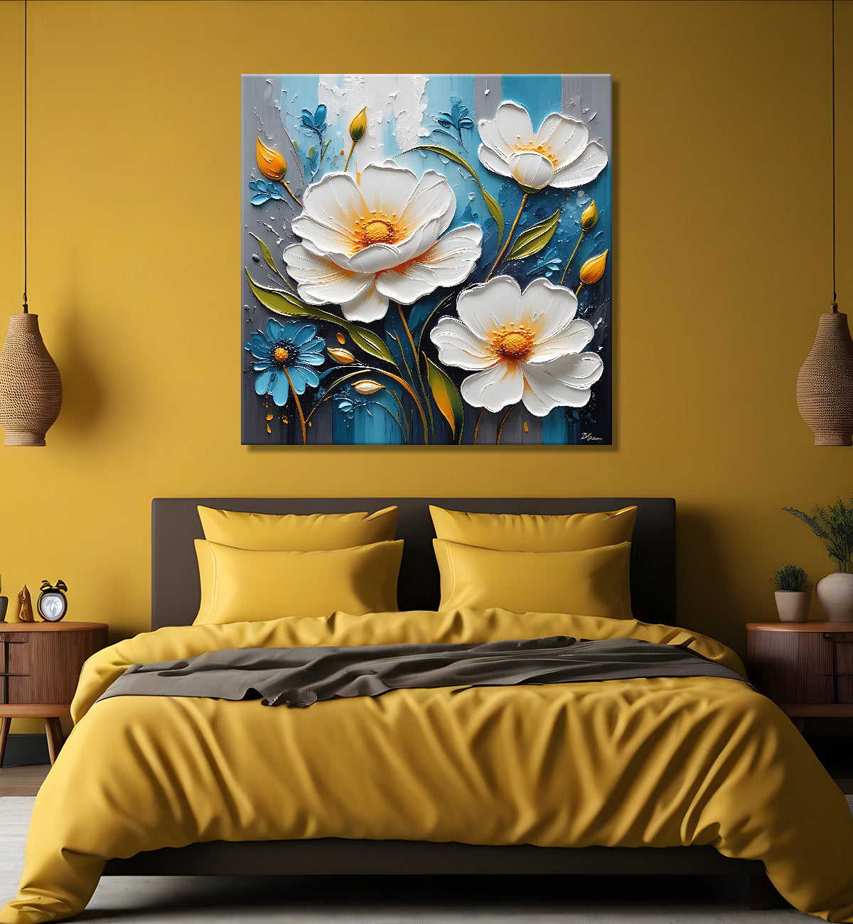 White flowers in light brown background painting - Flower-S-293