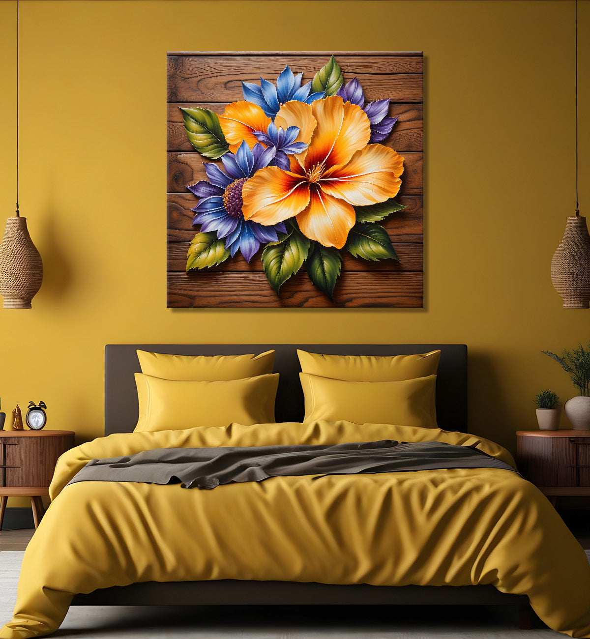 Yellow flower in brown background painting - Flower-S-296