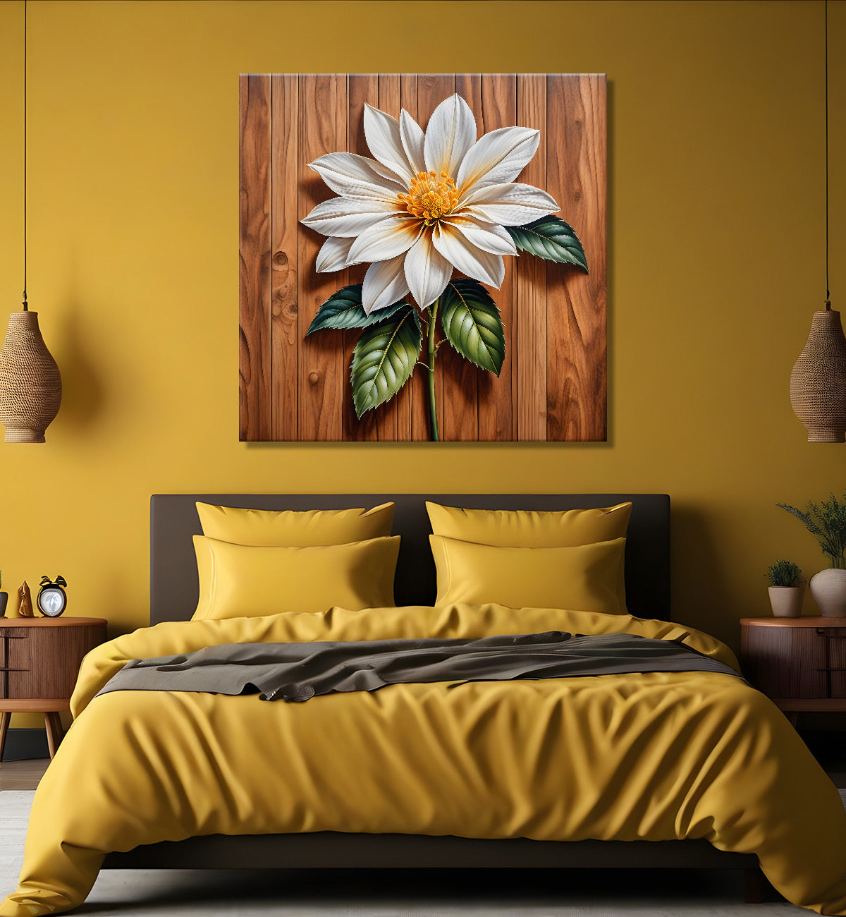 White flower in brown background painting - Flower-S-299