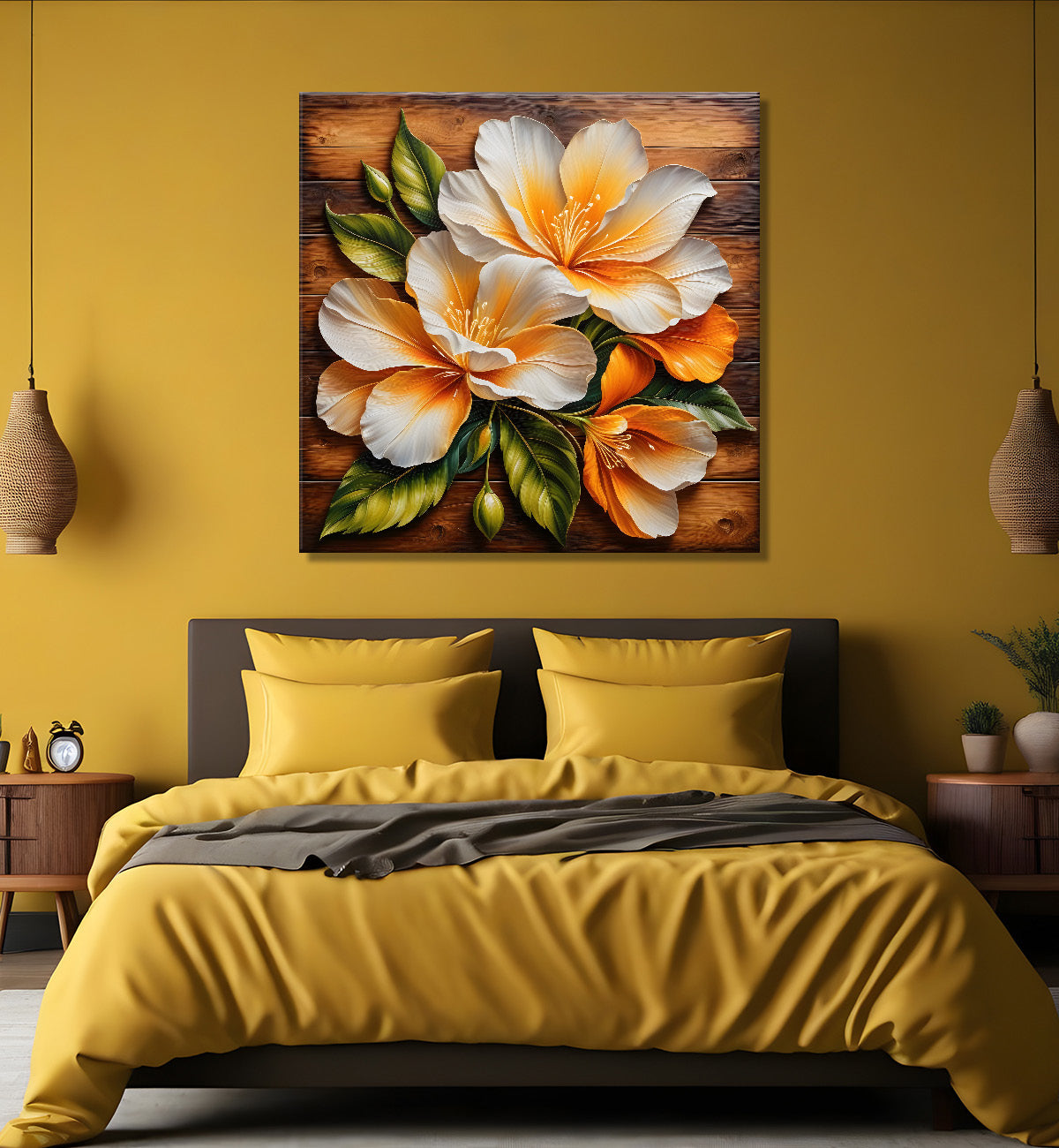 White flower in brown background painting - Flower-S-300