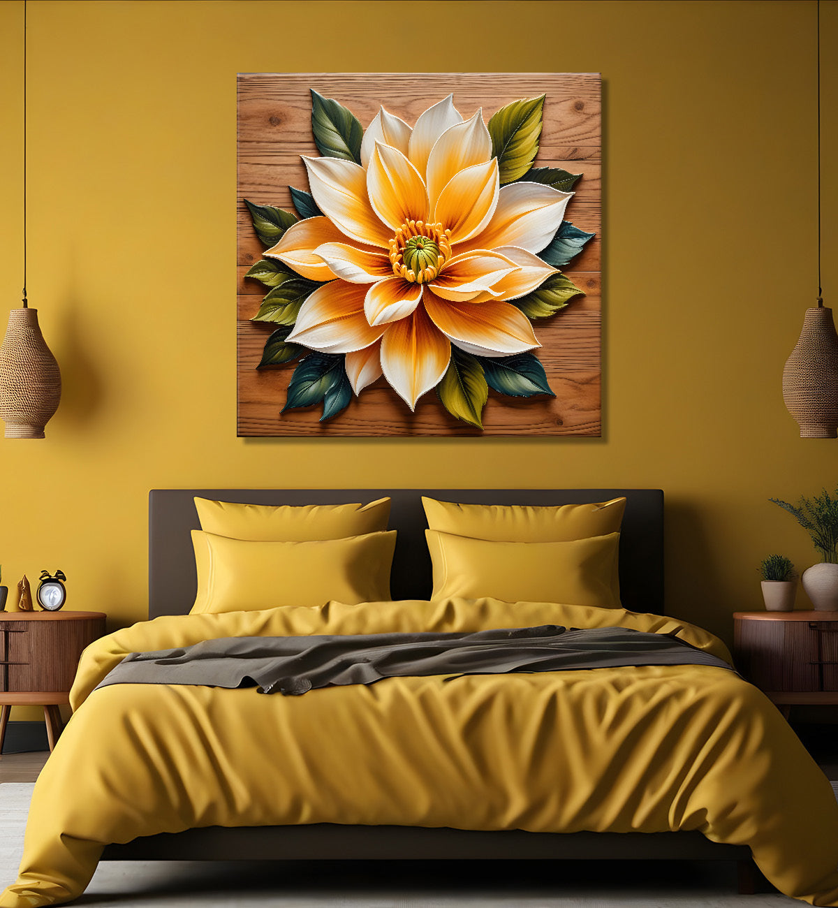 White flower in brown background painting - Flower-S-303