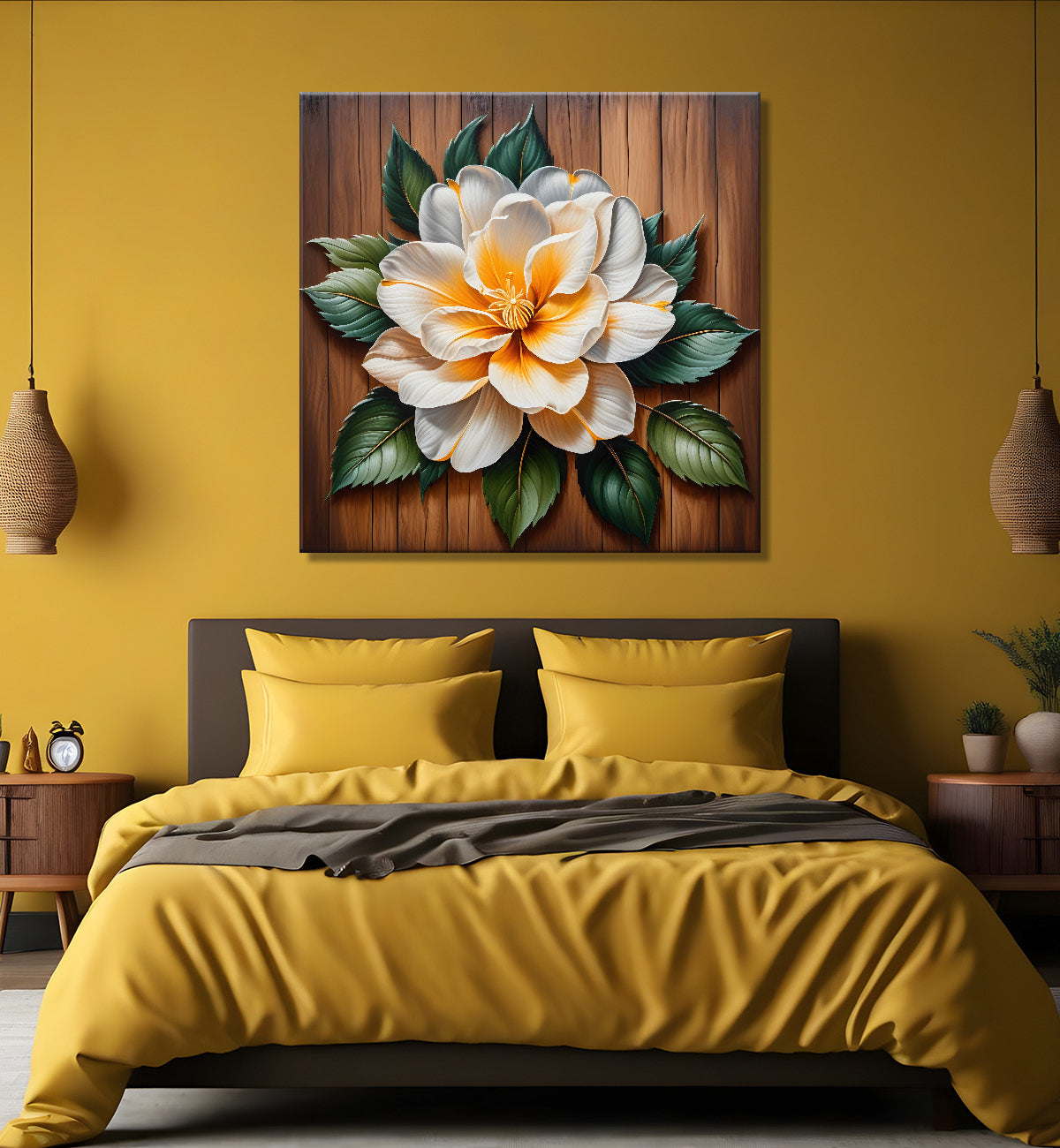 White flower in brown background painting - Flower-S-304