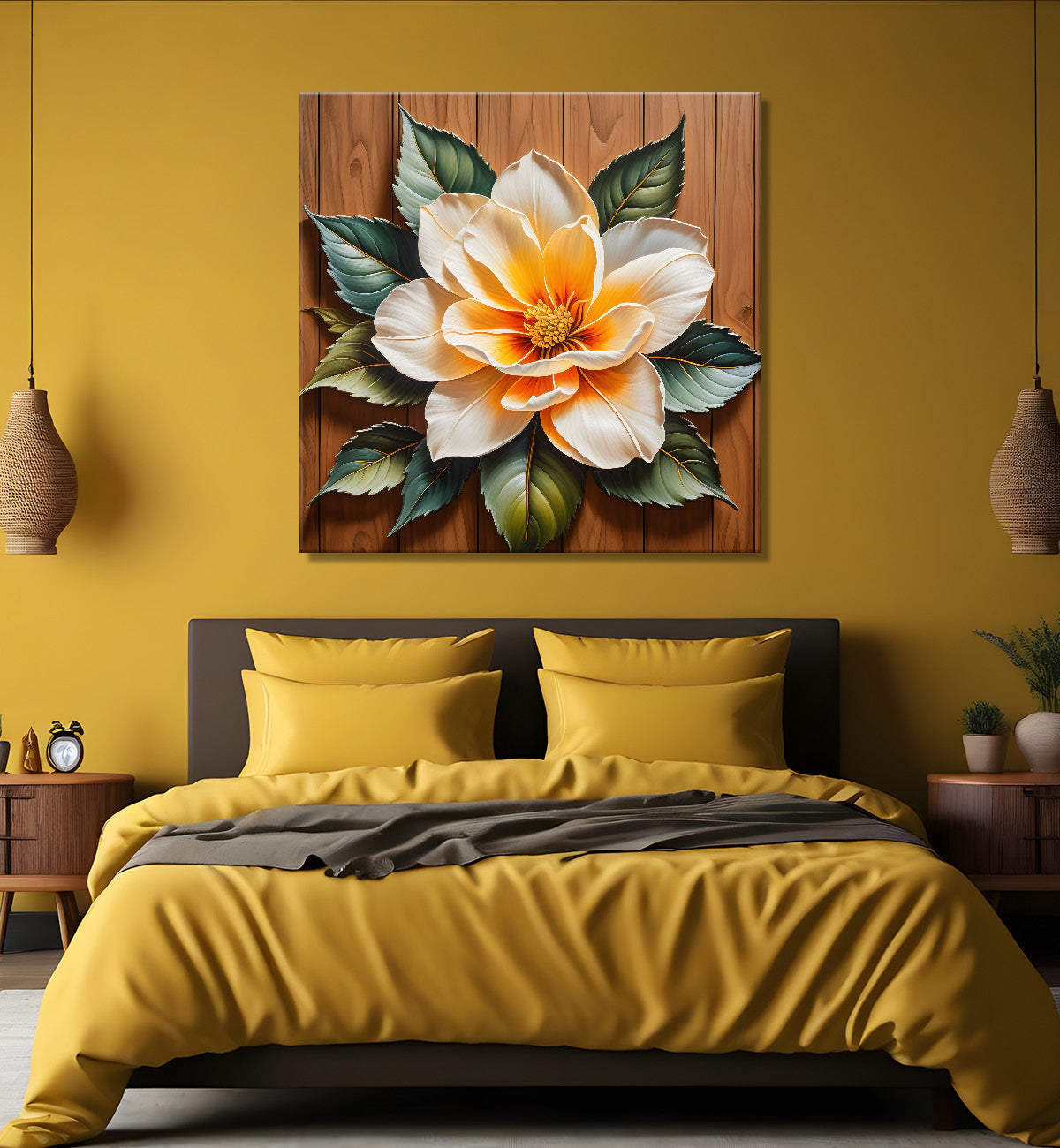 White flower in brown background painting  - Flower-S-307