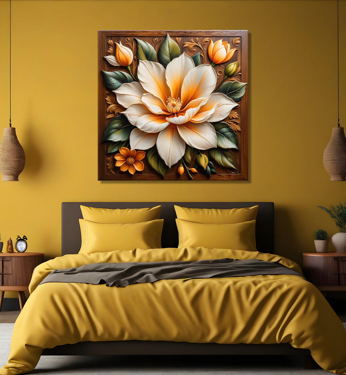 White flower in brown background painting  - Flower-S-308