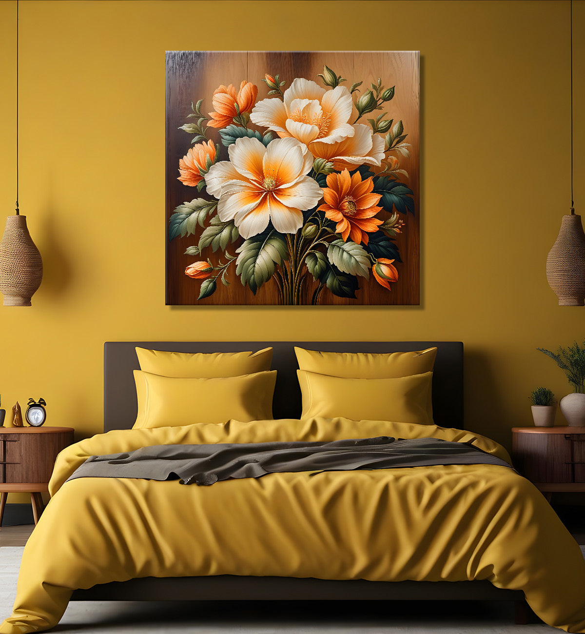 White and orange flower in brown background painting - Flower-S-309