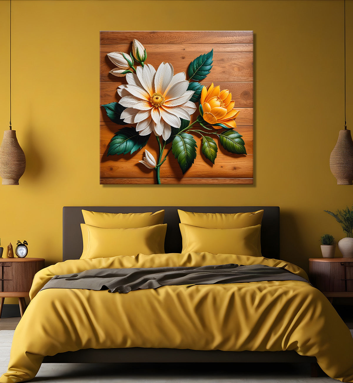 White and orange flower in brown background painting - Flower-S-310