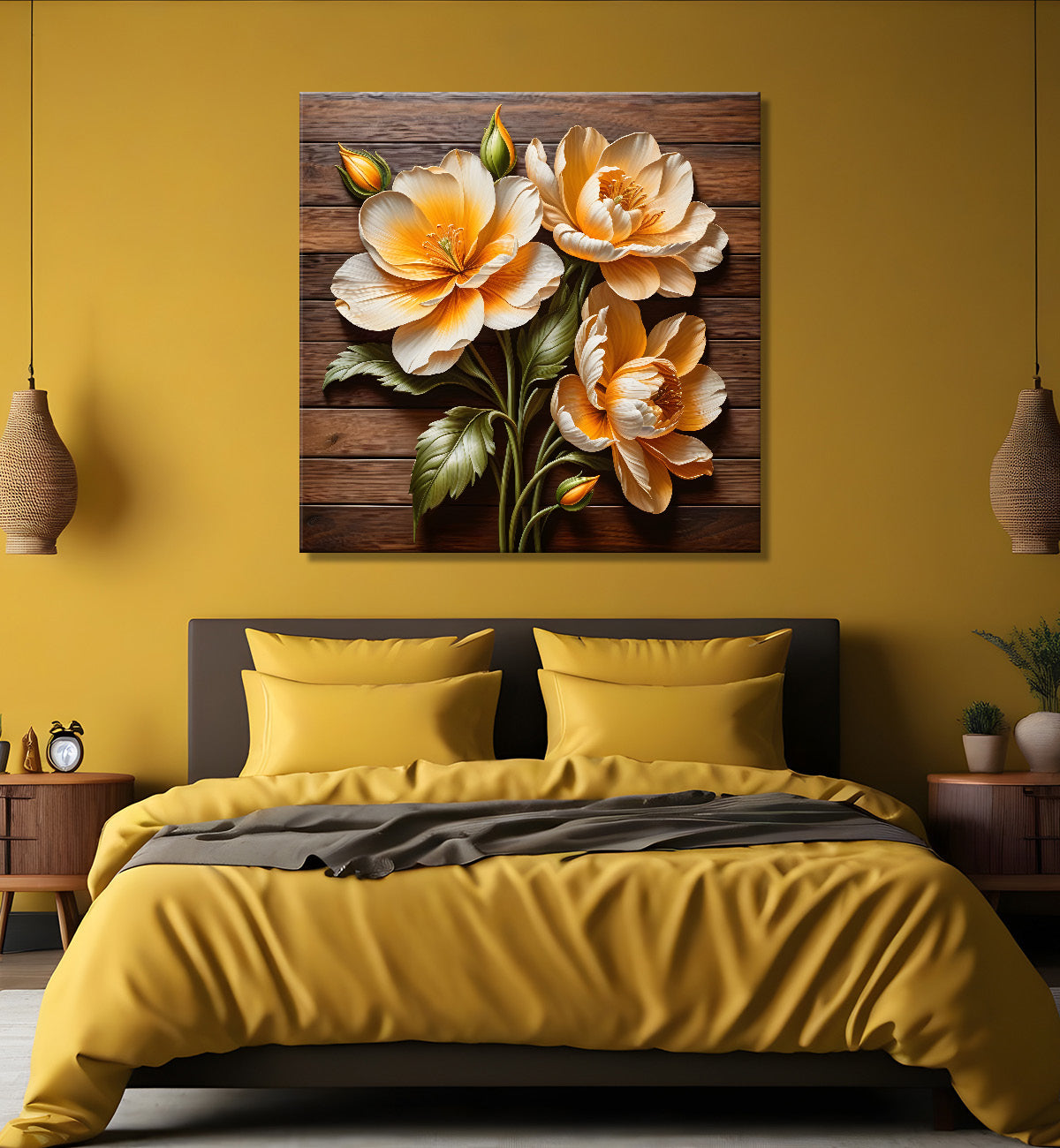 White and orange flower in brown background painting - Flower-S-311