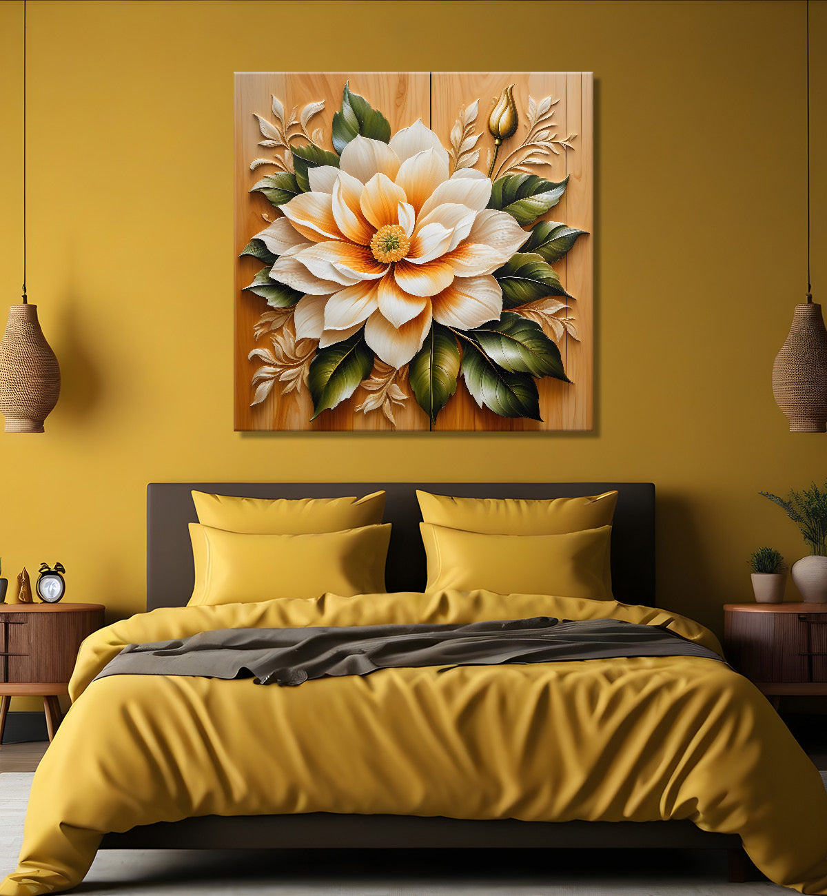 White flower in brown background painting - Flower-S-312