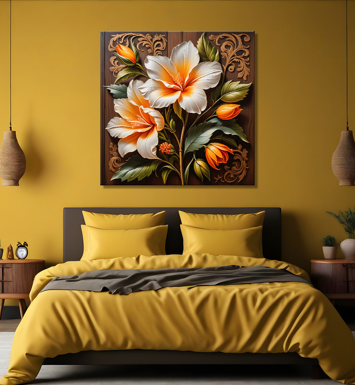 White flower in brown background painting - Flower-S-314