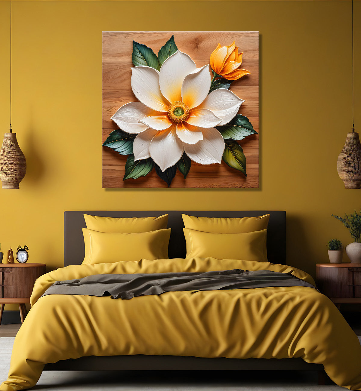 White flower in brown background painting  - Flower-S-316