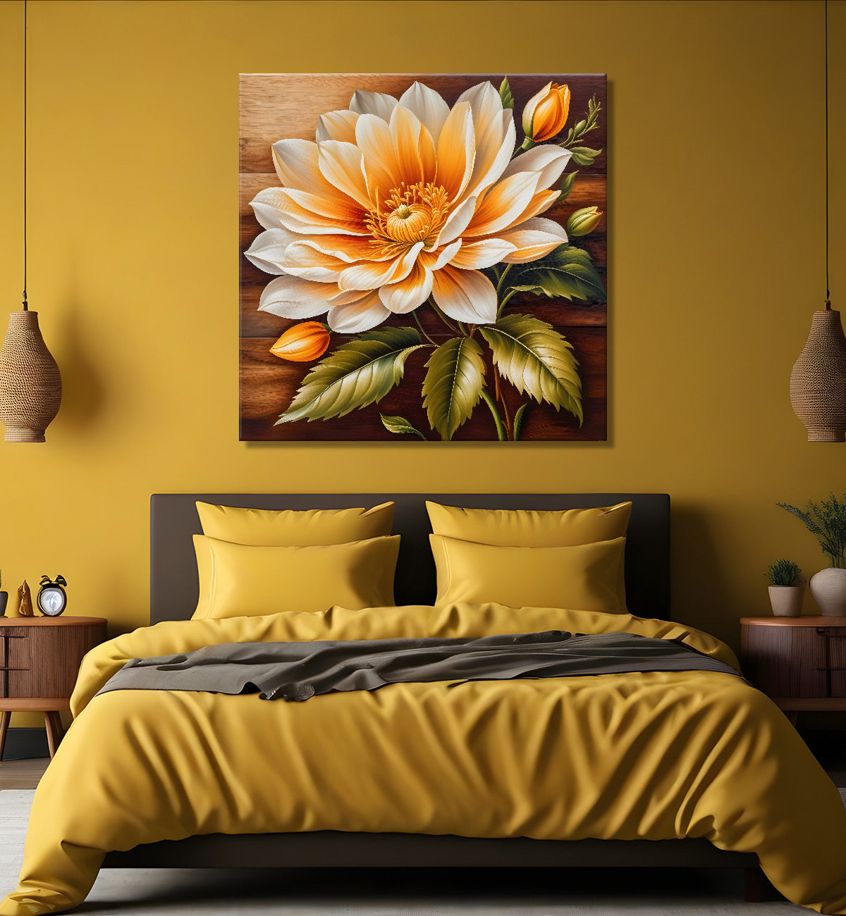 Yellow flower in brown background painting - Flower-S-317