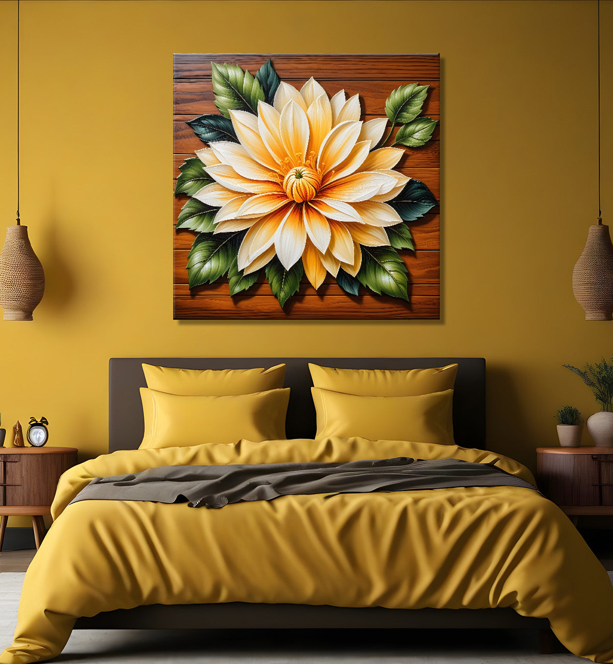 Yellow flower in brown background painting - Flower-S-318