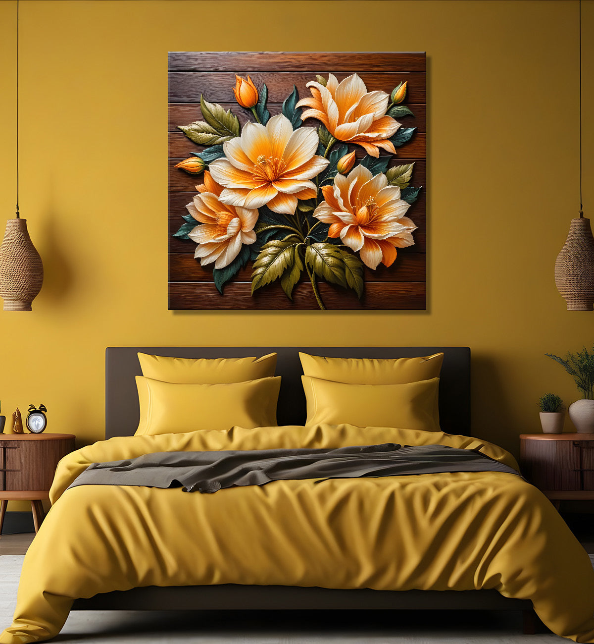 Yellow flower in brown background painting - Flower-S-319