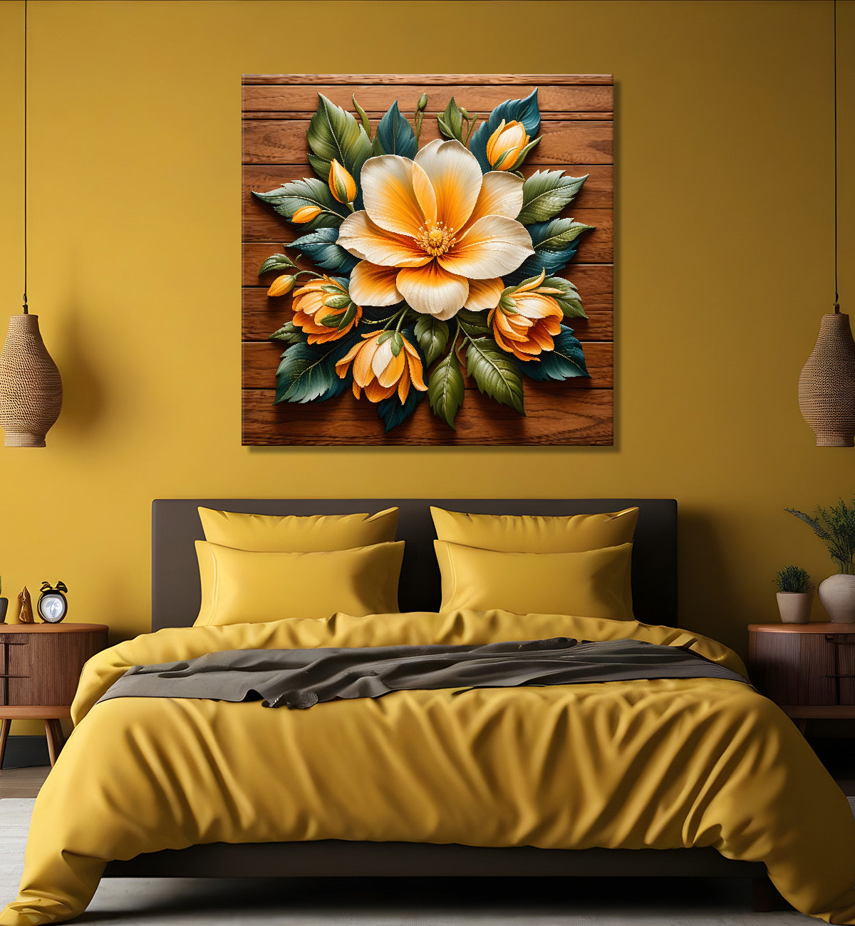 Yellow flower in brown background painting - Flower-S-320