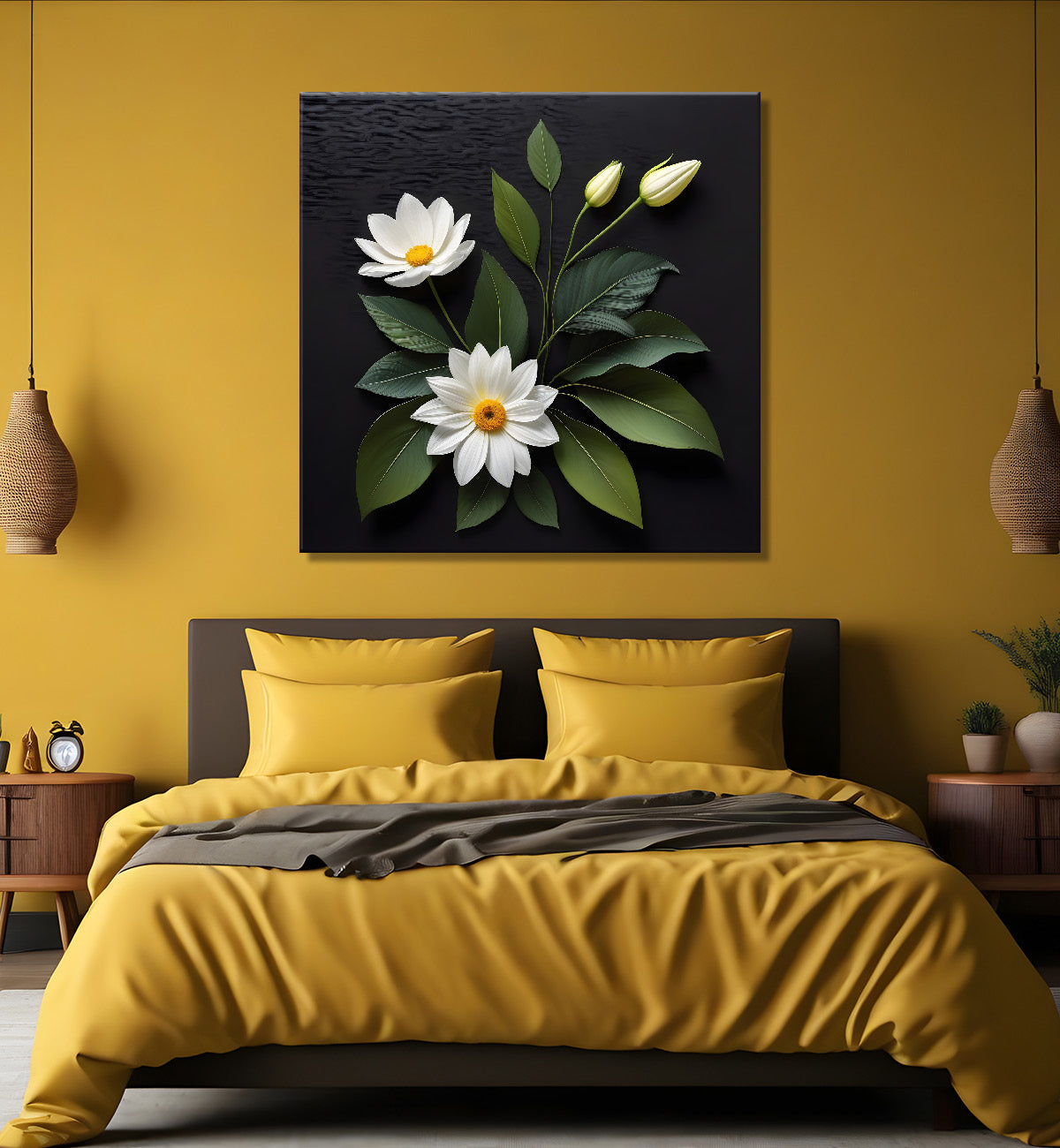 White flowers in black background painting Flower-S-337