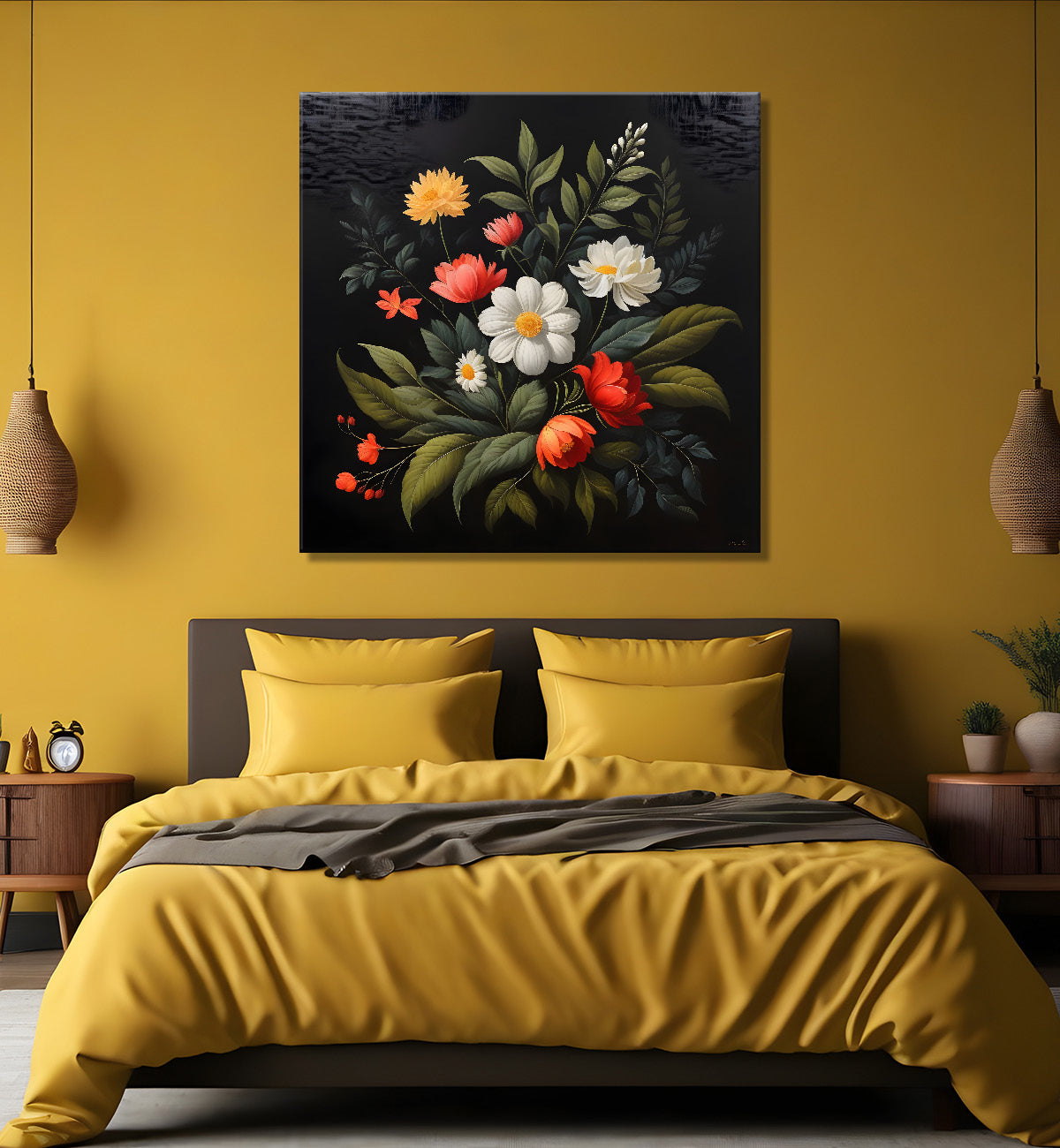 Colourful flowers in black background painting Flower-S-338