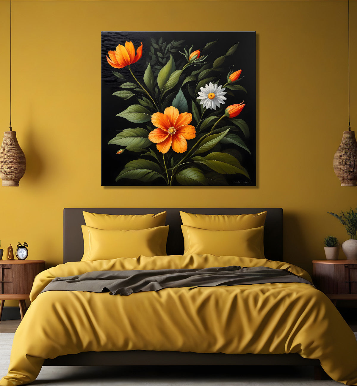 Orange flowers in black background painting Flower-S-347