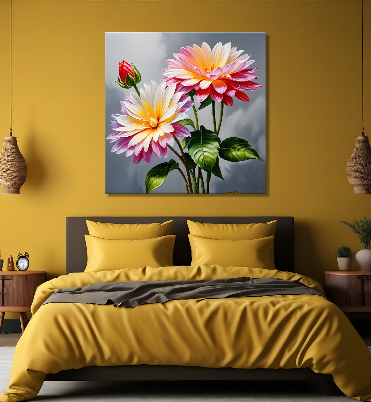 Pink flowers in grey textured painting    Flower-S-365