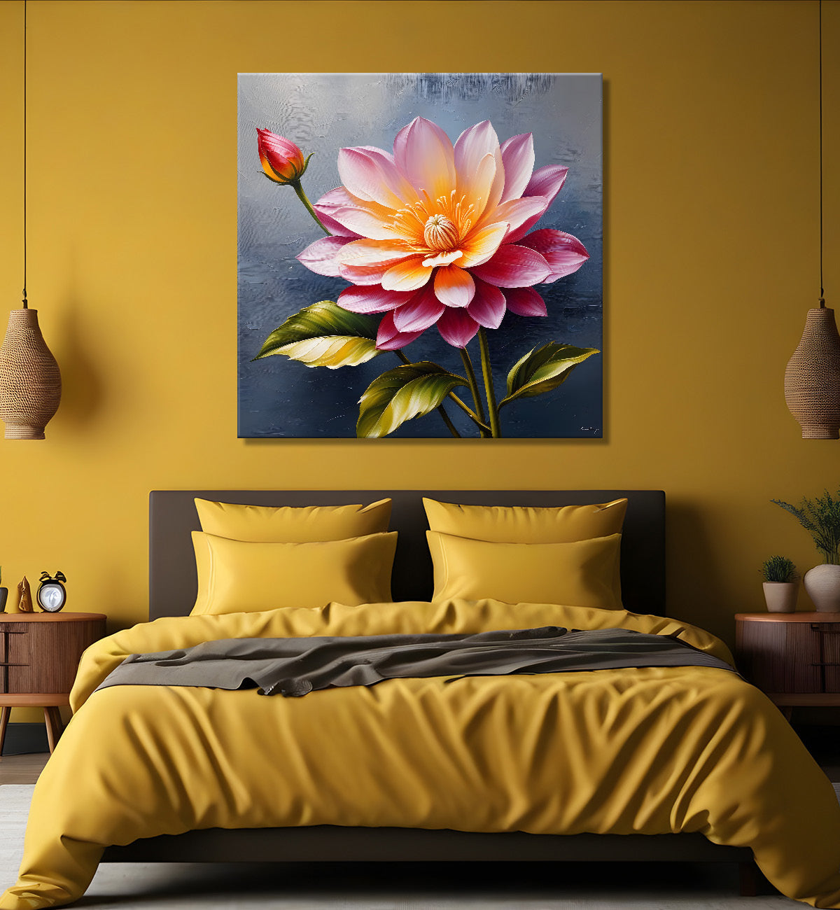 Pink flowers in grey textured painting  Flower-S-371