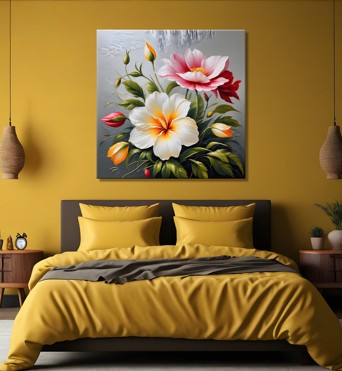 White and pink flower in textured oil painting   Flower-S-380