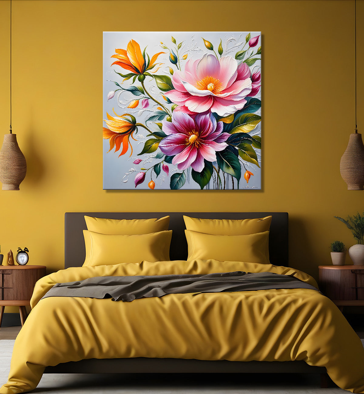 Pink flowers in textured painting   Flower-S-387