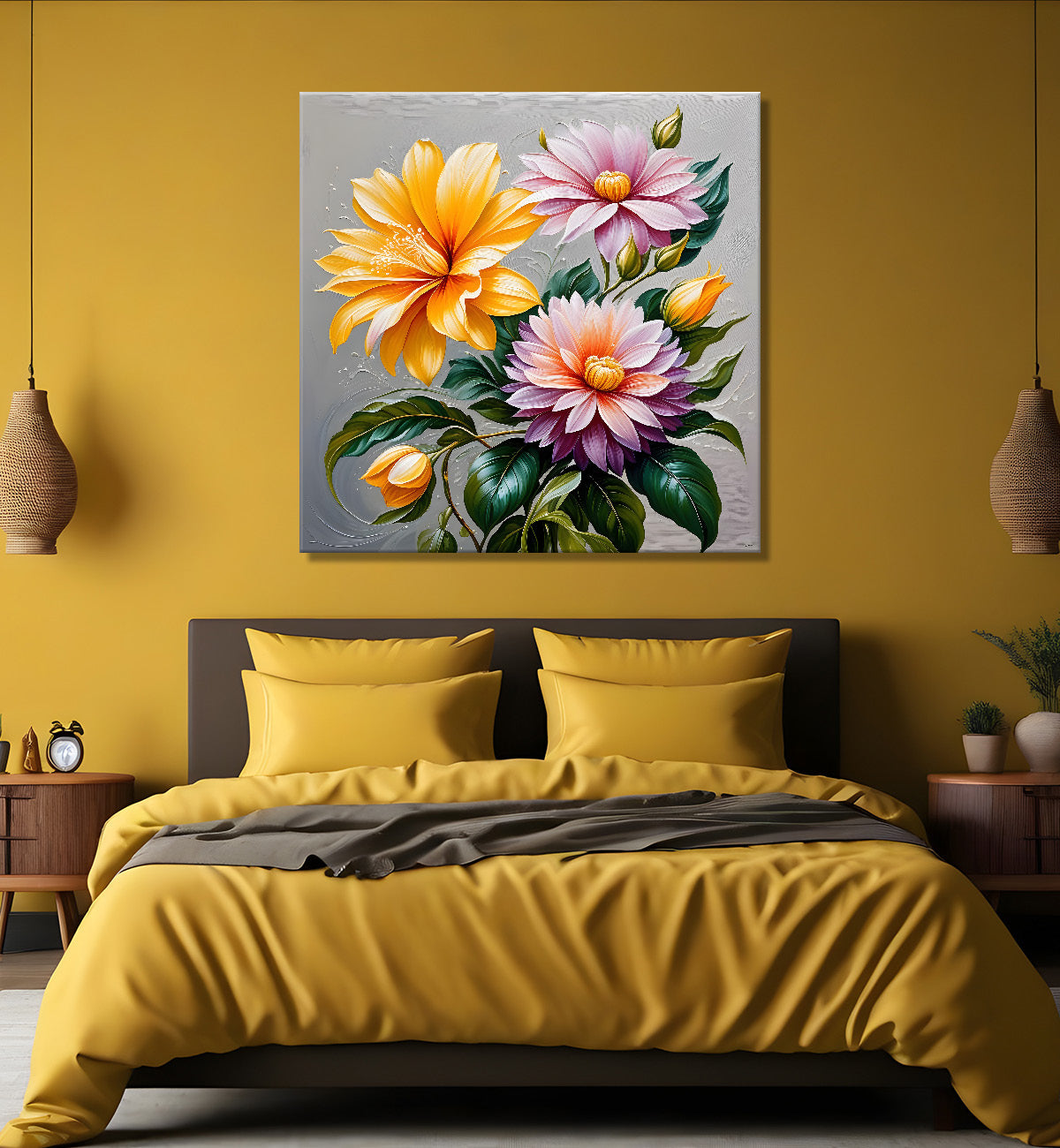 Yellow and pink flowers in textured oil painting - Flower-S-401