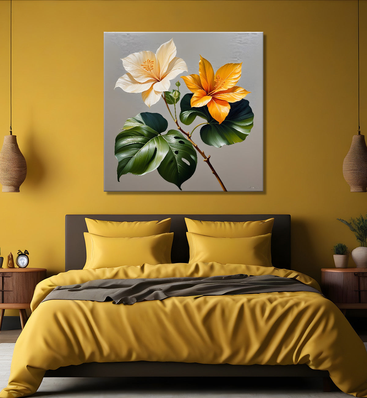 White and orange flower in textured oil painting  - Flower-S-422