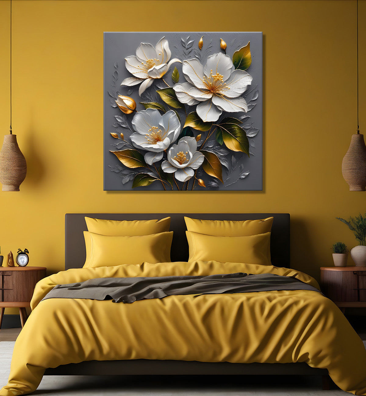 White flowers in grey textured oil painting - Flower-S-426