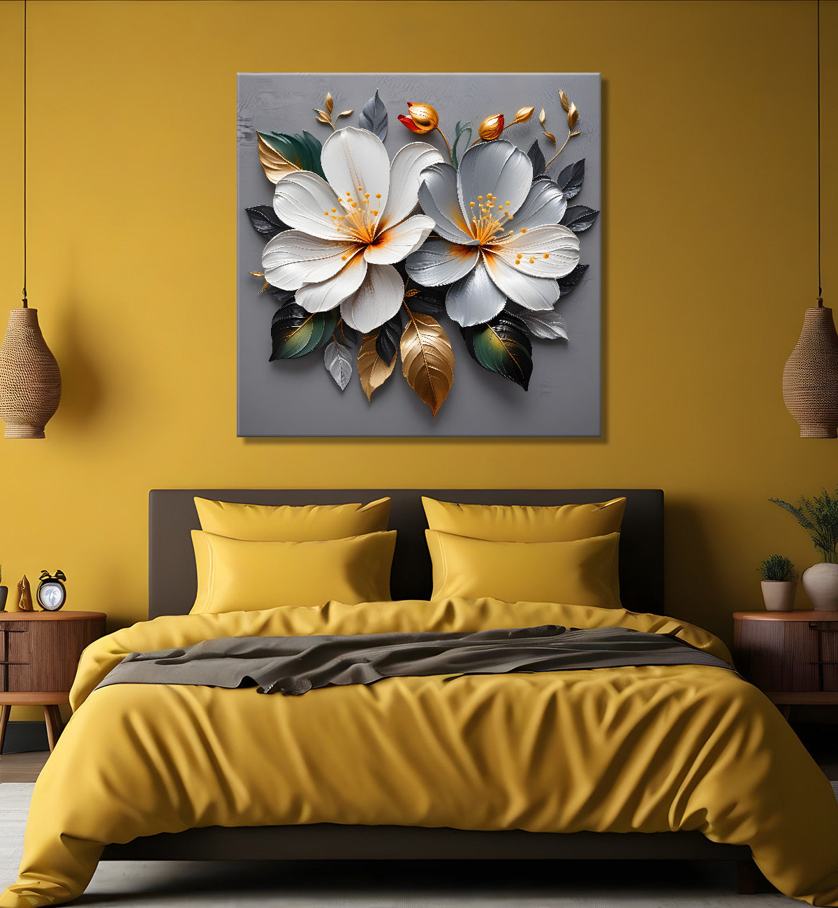 White flowers in grey textured oil painting - Flower-S-428