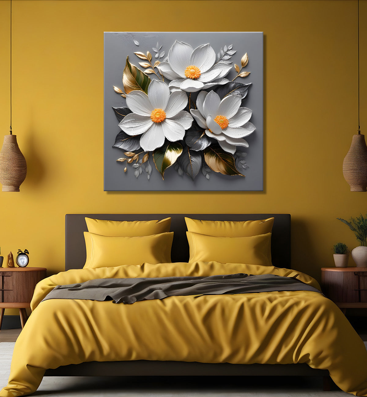 White flowers in grey textured oil painting - Flower-S-429
