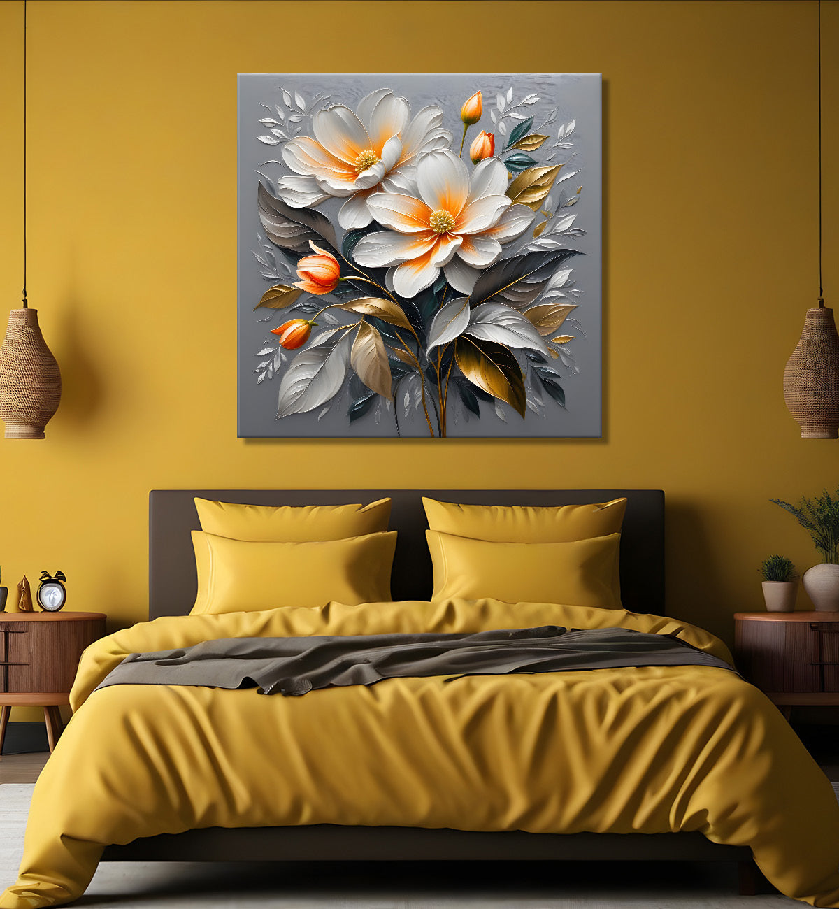 White flowers in grey textured oil painting - Flower-S-430