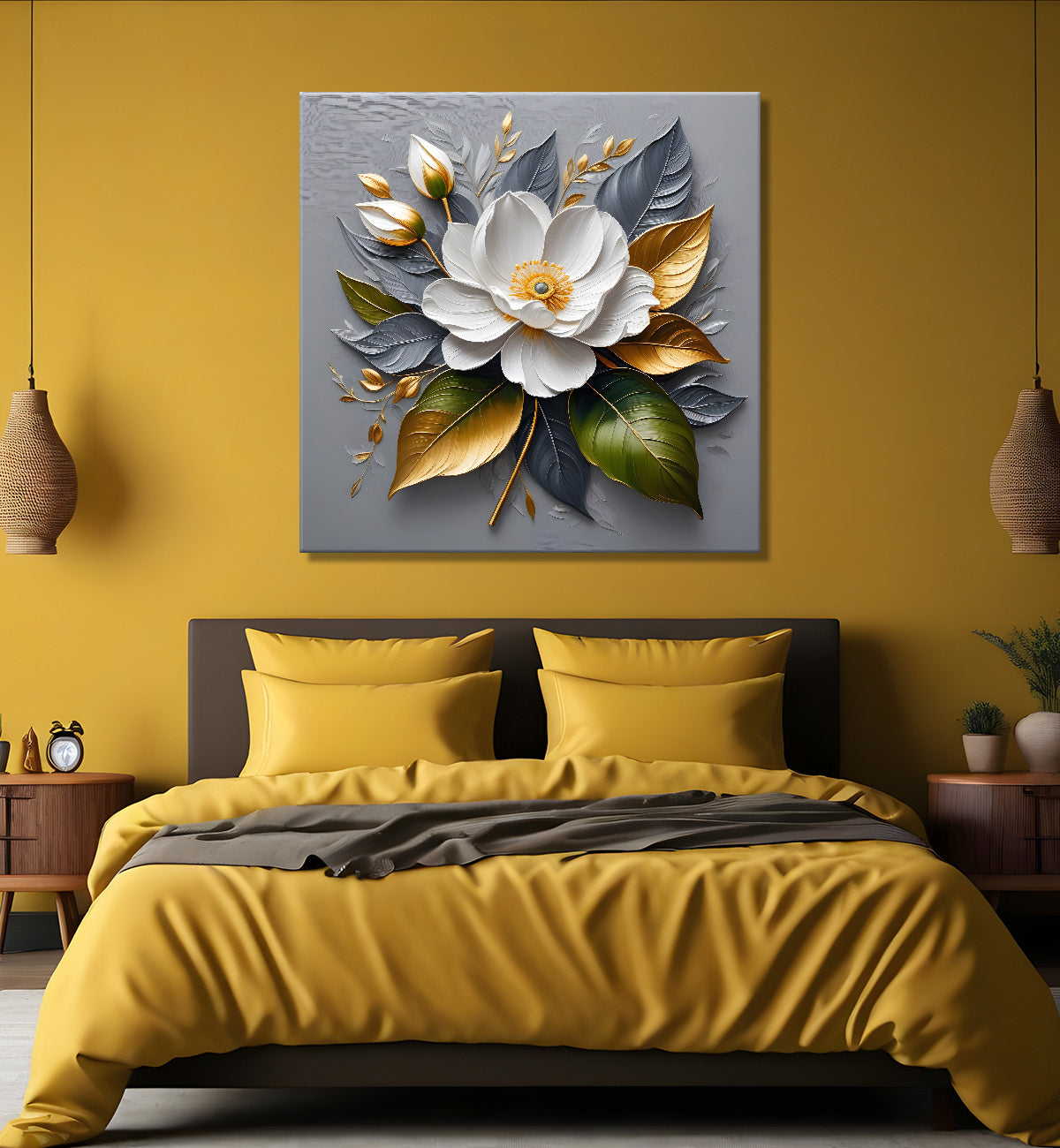 White flowers in grey textured oil painting - Flower-S-431