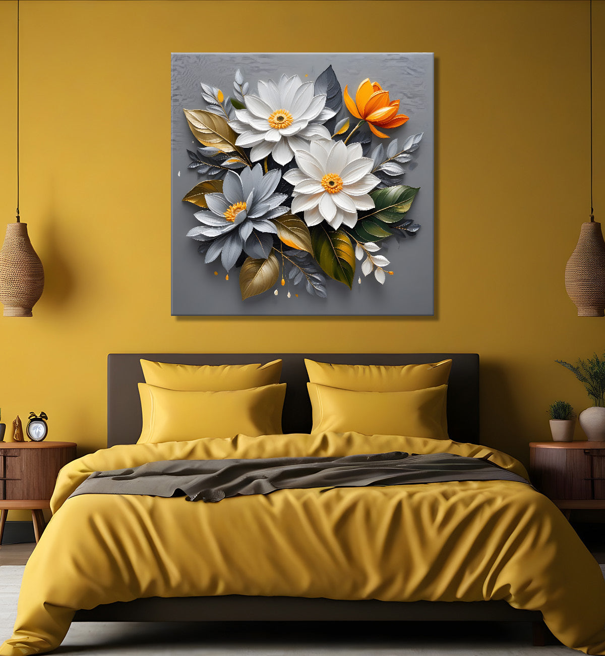 White flowers in grey textured oil painting - Flower-S-433