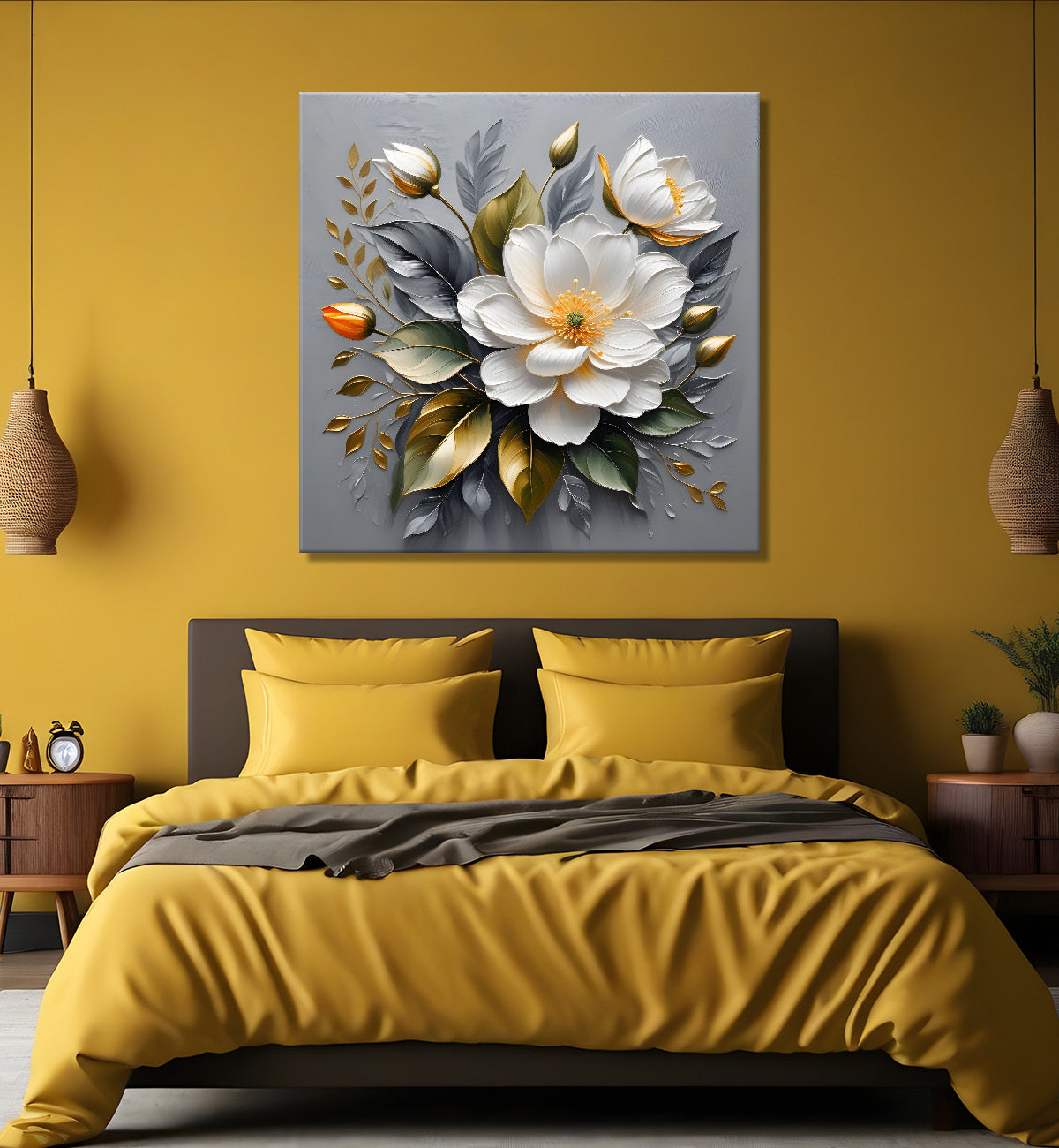 White flowers in grey textured oil painting - Flower-S-434