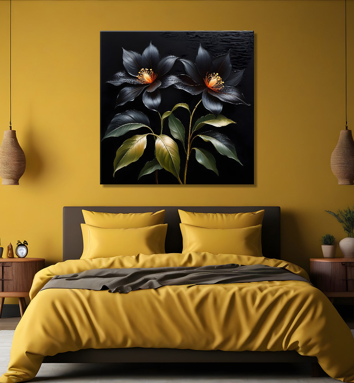 Green leaves in black textured oil painting  - Flower-S-437