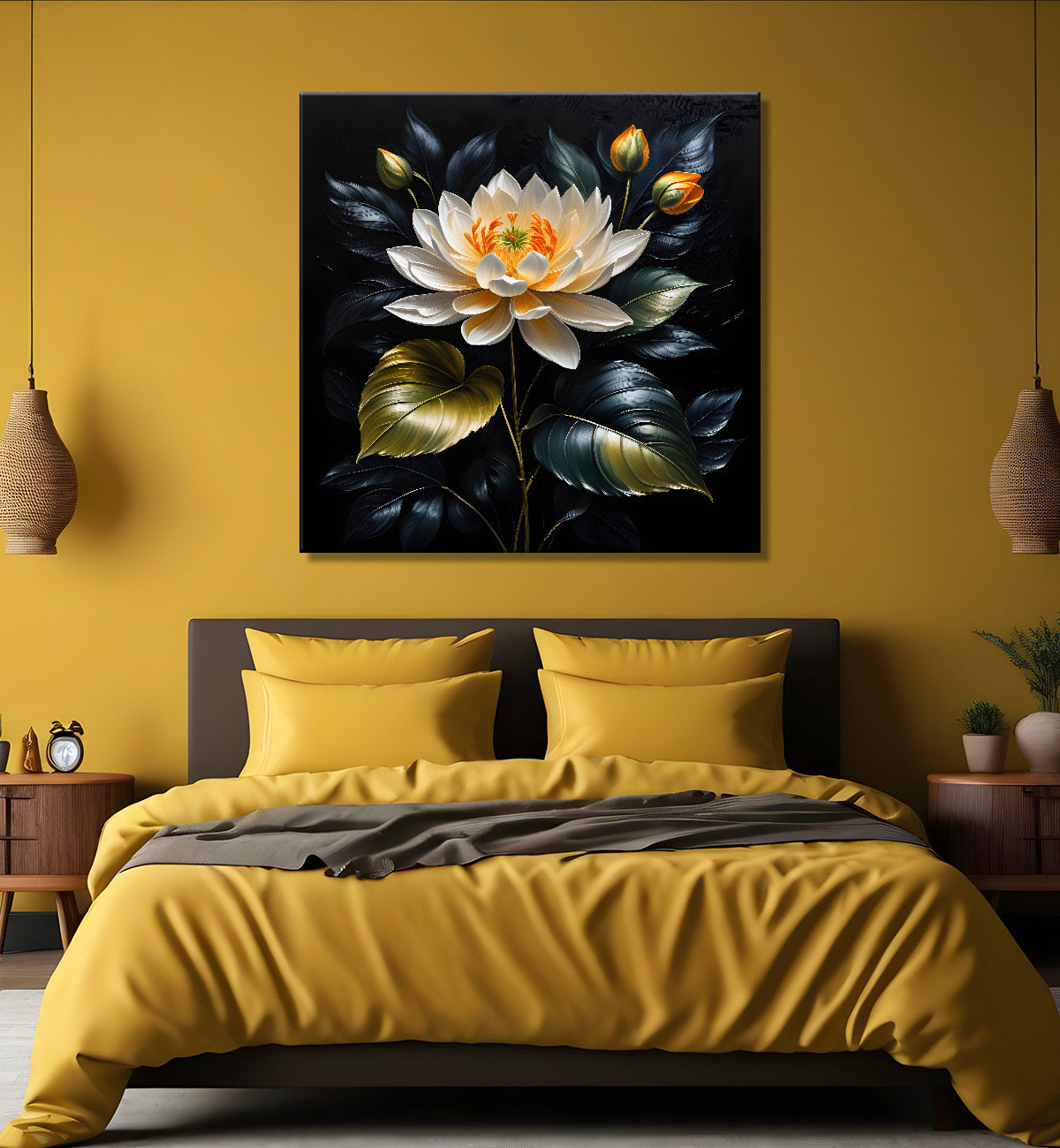 White flowers in black textured oil painting - Flower-S-439