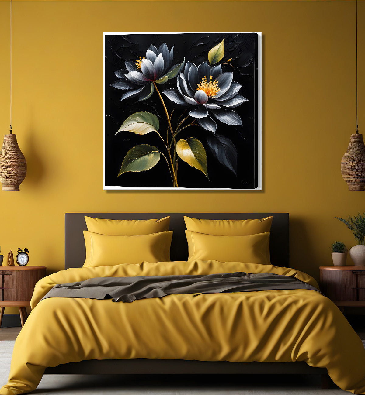 Blue flowers in black textured oil painting  - Flower-S-444